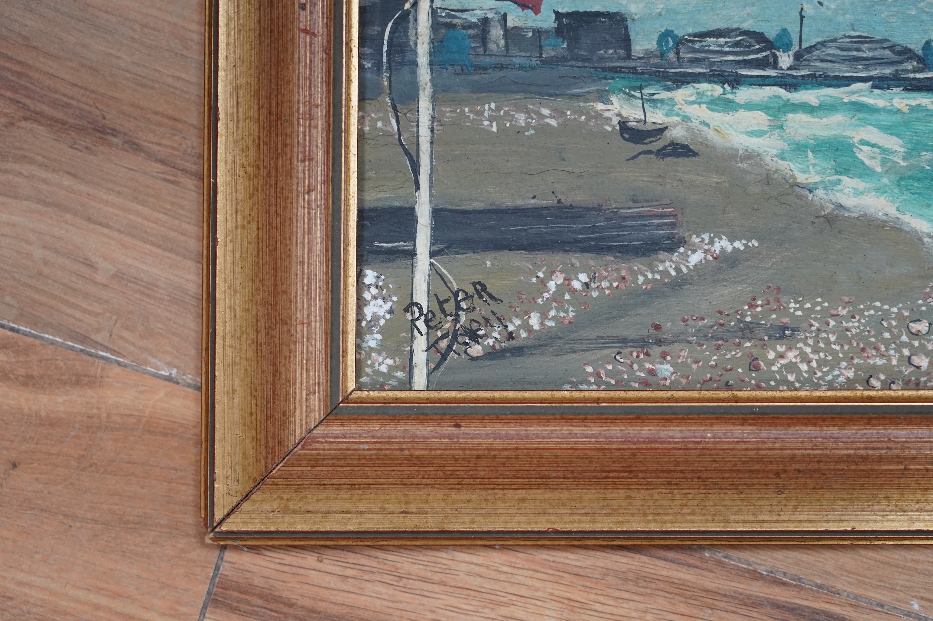 Peter Tidey, oil on board, Coastal view with pier, indistinctly signed lower right, 13.5 x 23.5cm